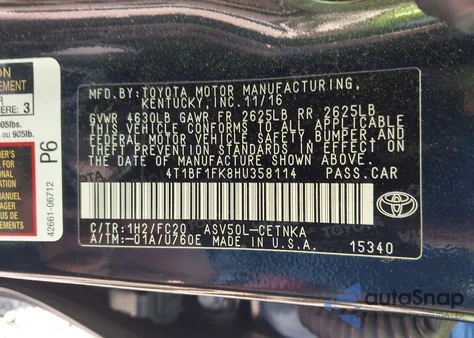 2017 Toyota Camry Le from USA, damaged, VIN 4T1BF1FK8HU358114